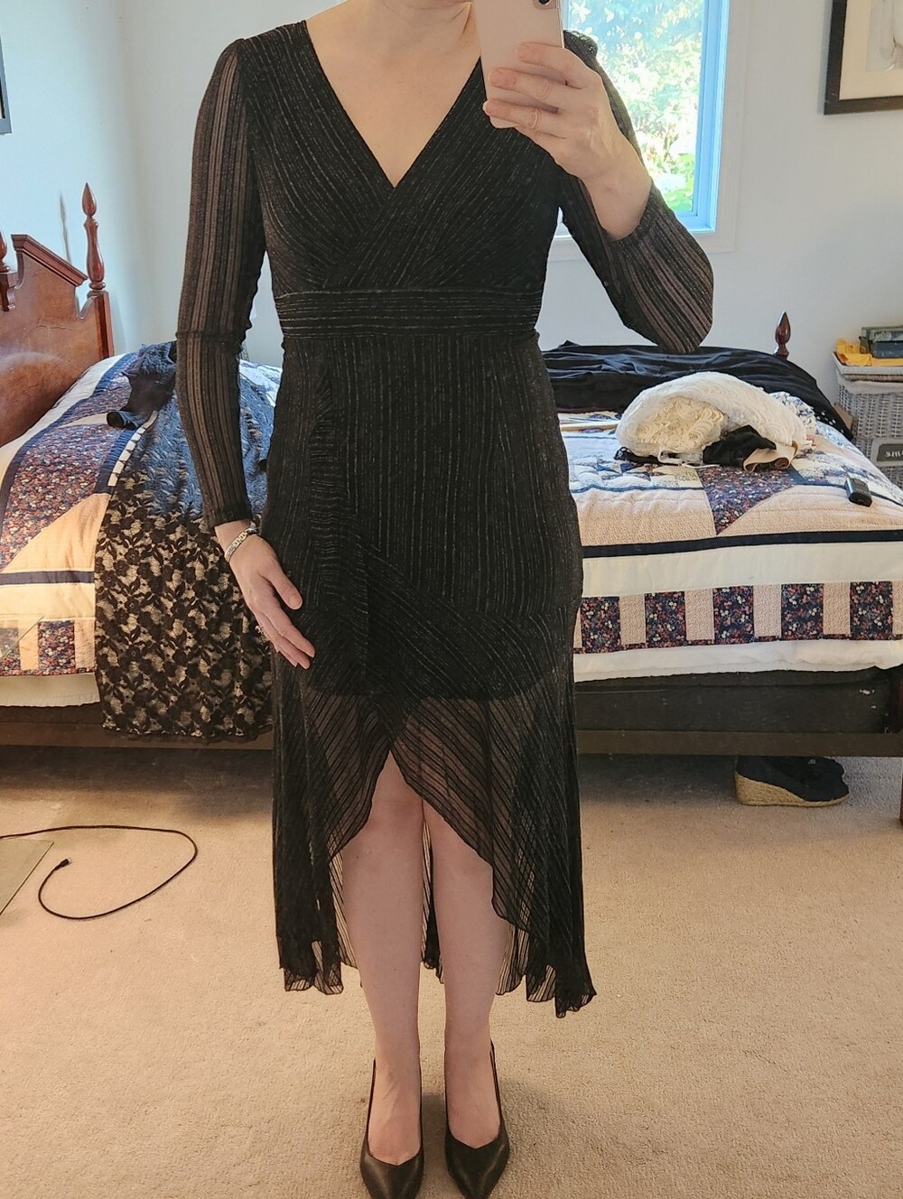 Women's Black V-Neck High-Low Dress with Subtle Metallic Detail